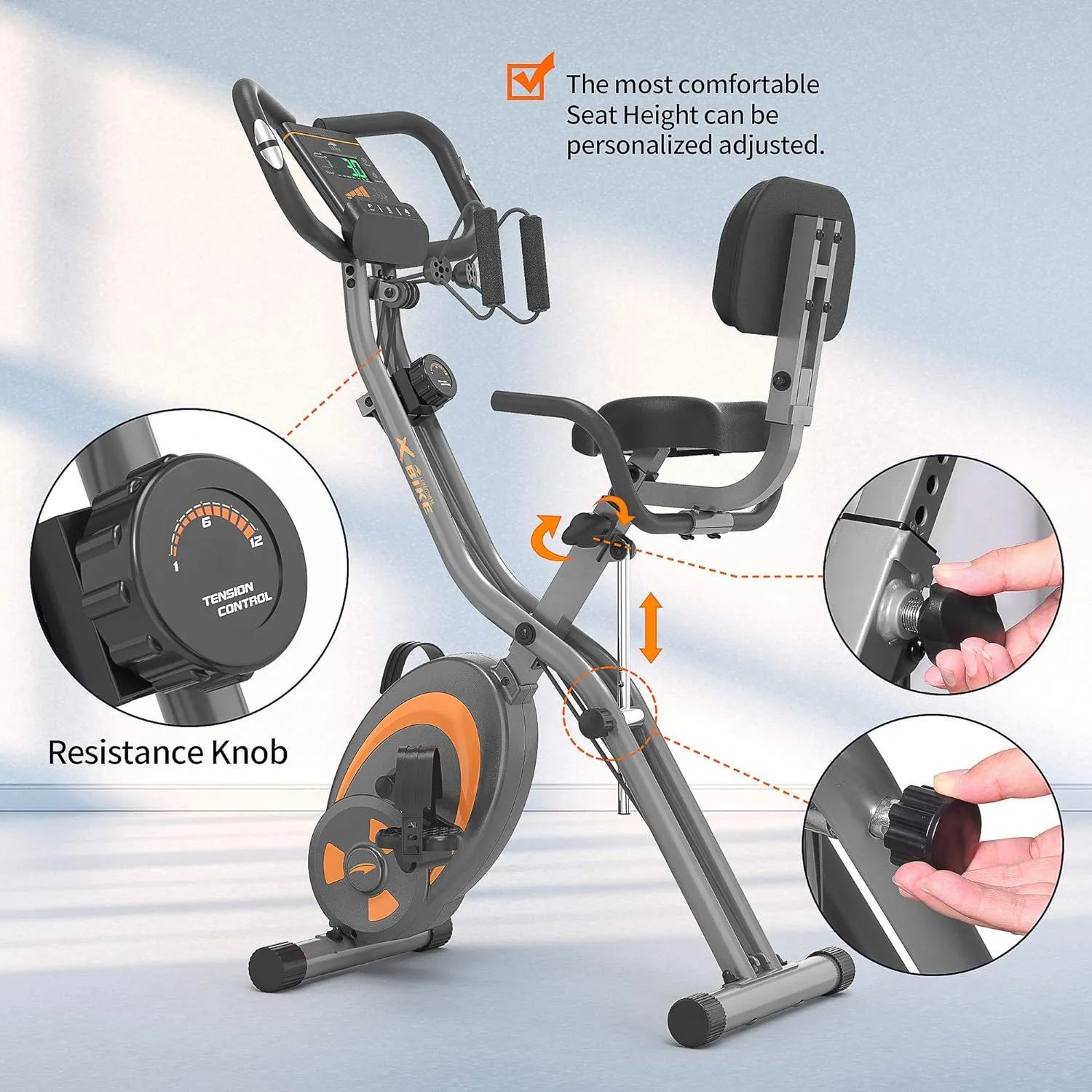 leikefitness Folding Stationary Bike Recumbent Exercise Bike w/Arm Resistance Bands-Pulse Sensor-LCD Monitor and Easy to Assemble Indoor Cycling Bike 2280