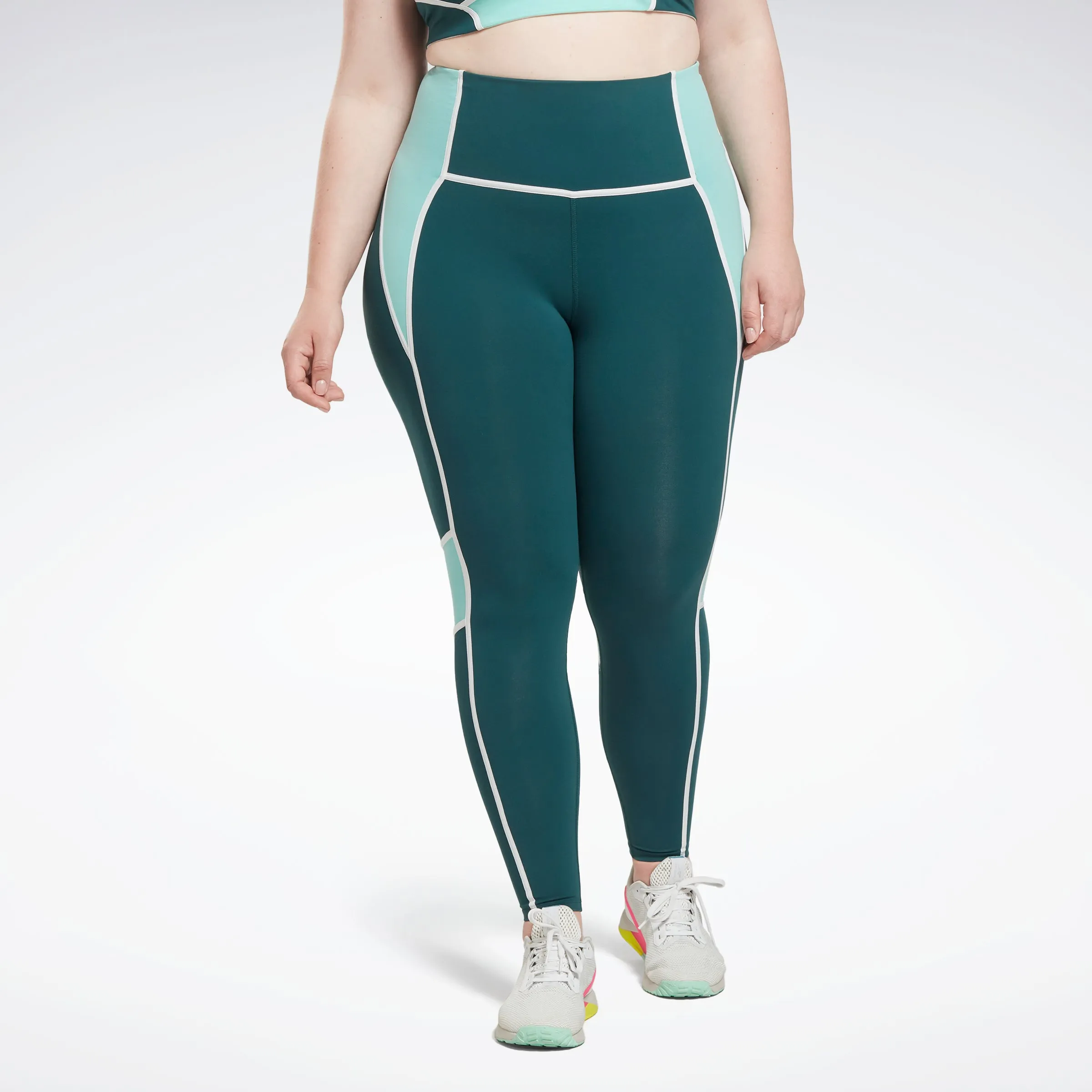 Reebok Apparel Women Lux High-Waisted Colorblock Leggings (Plus Size) Forgrn